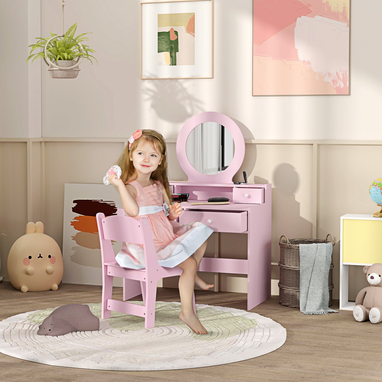 AIYAPLAY Kids Dressing Table Set Kids Make up Table with Stool and Mirror, Storage Drawers, Gift for Aged 3-8-8