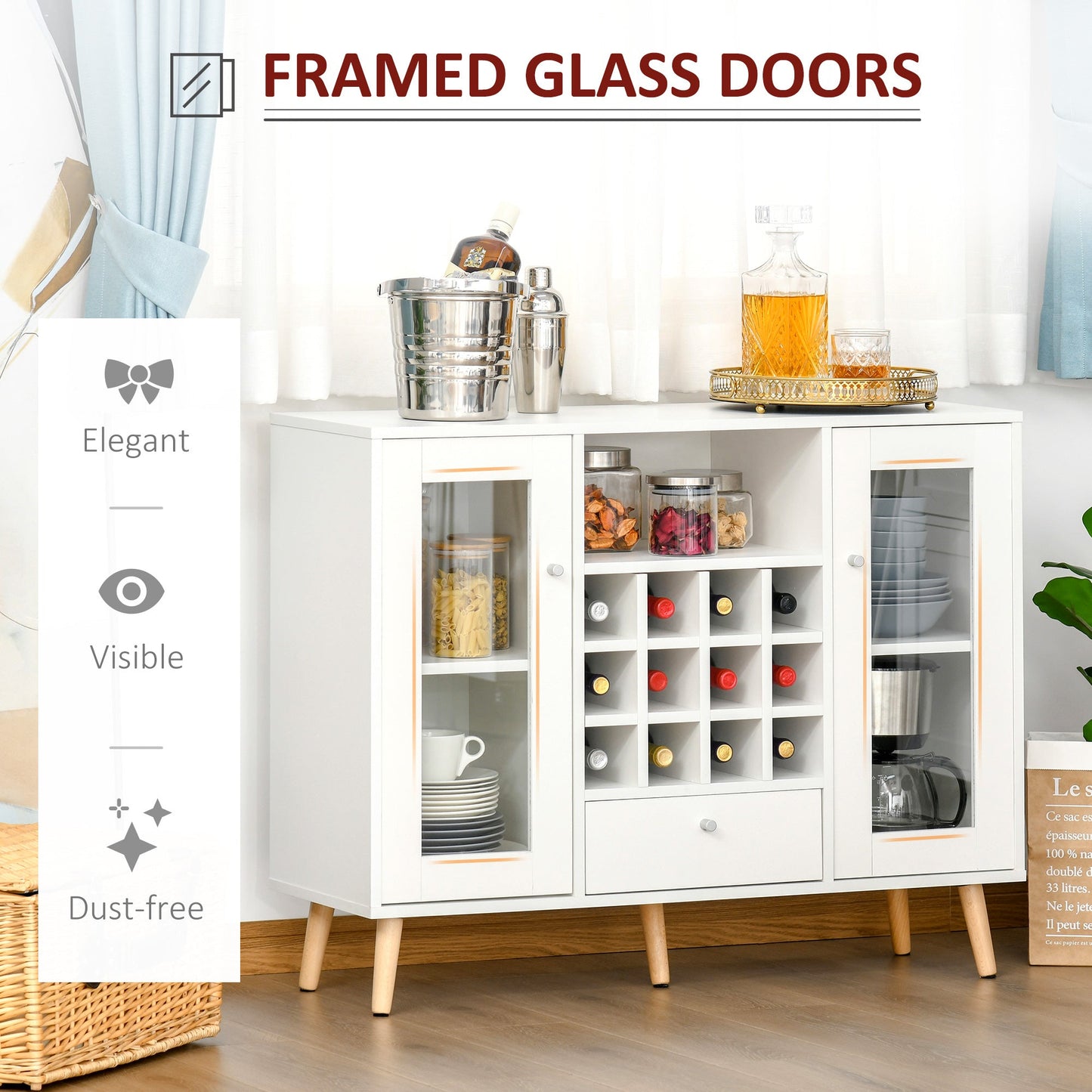 Modern Sideboard Storage Cabinet Kitchen Cupboard Dining Bar Server with Glass Doors, Drawer & 12-Bottle Wine Rack for Living Room, White-3