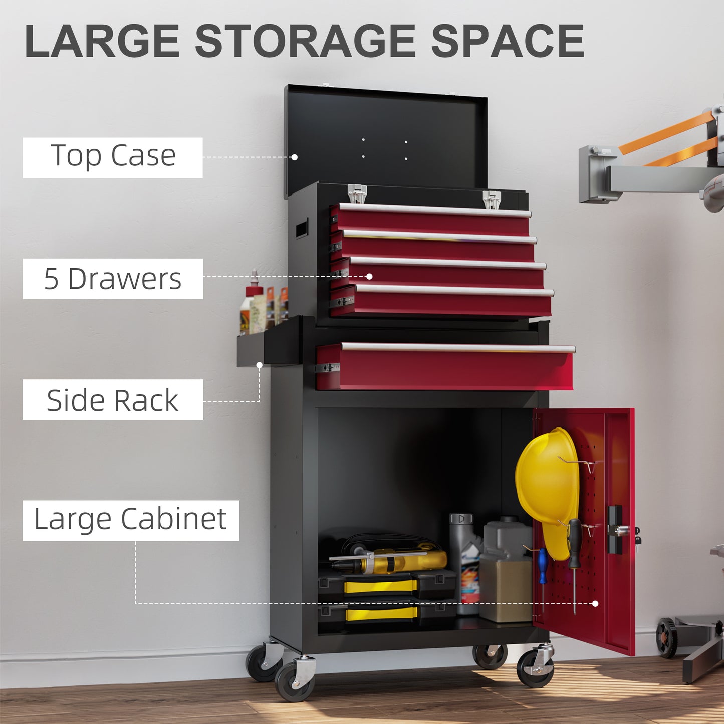Rolling Tool Cabinet on Wheels w/ 5 Drawers & Lockable Cabinet, Portable Top Tool Chest & Roller Cabinet Combo for Workshop, Home | HOMCOM-2