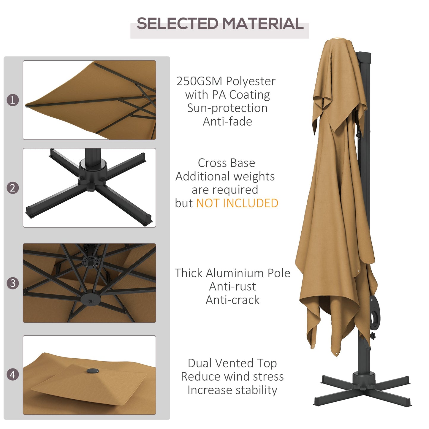 Garden Parasol, 3(m) Cantilever Parasol with Hydraulic Mechanism, Dual Vented Top, 8 Ribs, Cross Base, Khaki-3