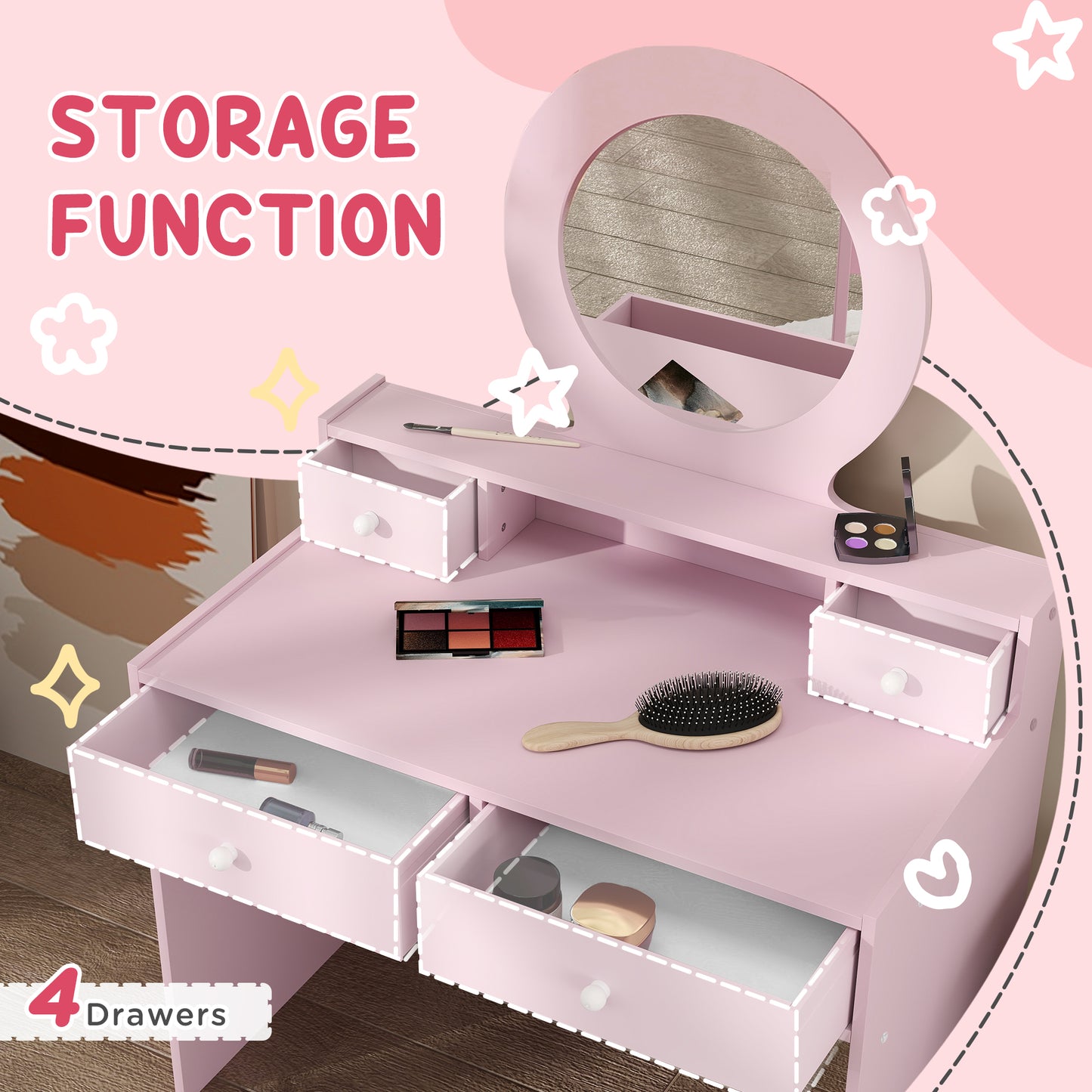 AIYAPLAY Kids Dressing Table Set Kids Make up Table with Stool and Mirror, Storage Drawers, Gift for Aged 3-8-3