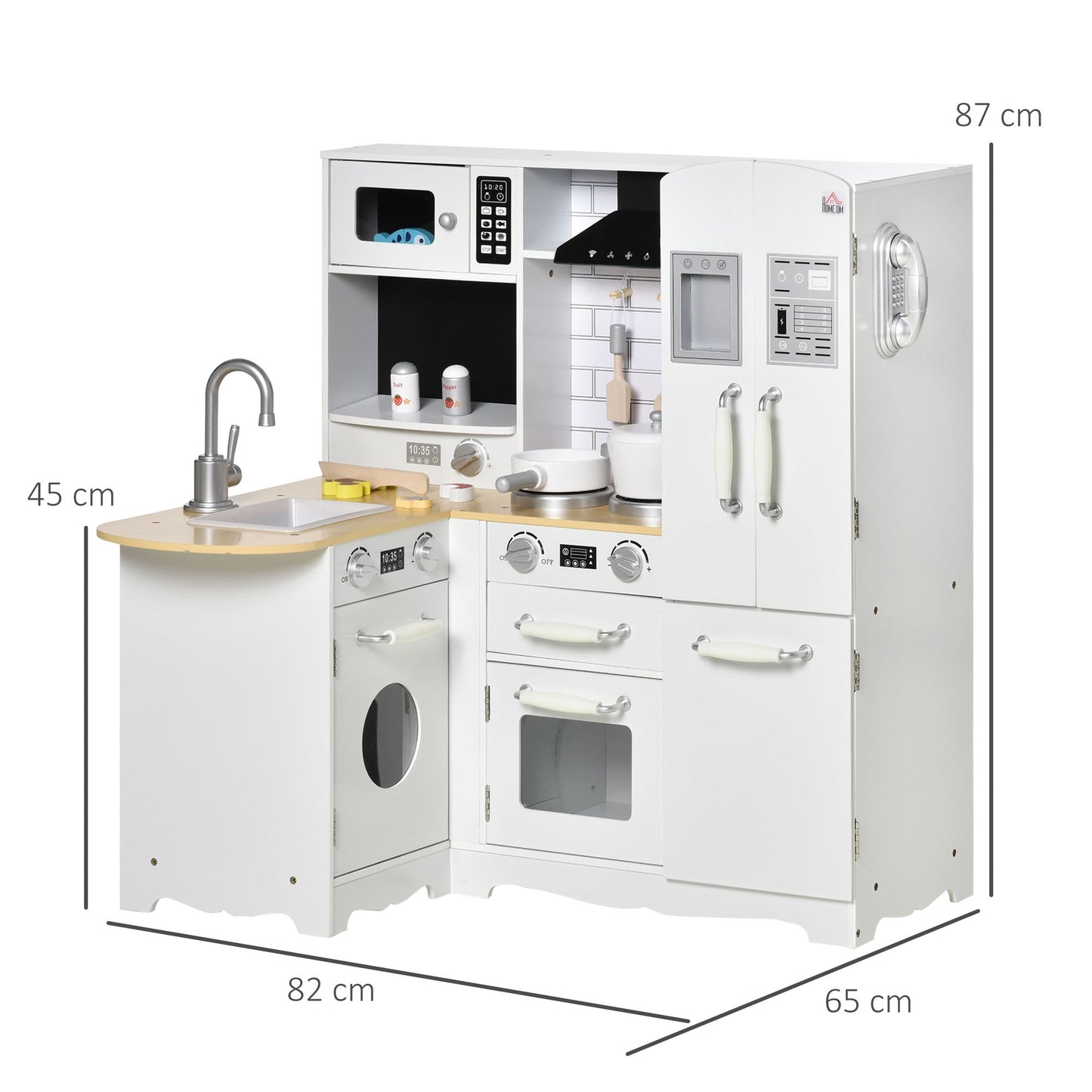 Kids Wooden Kitchen, Large Pretend Role Play Kitchen w/ Realistic Refrigerator, Microwave, Oven, Range Hood, Sink, Telephone-2