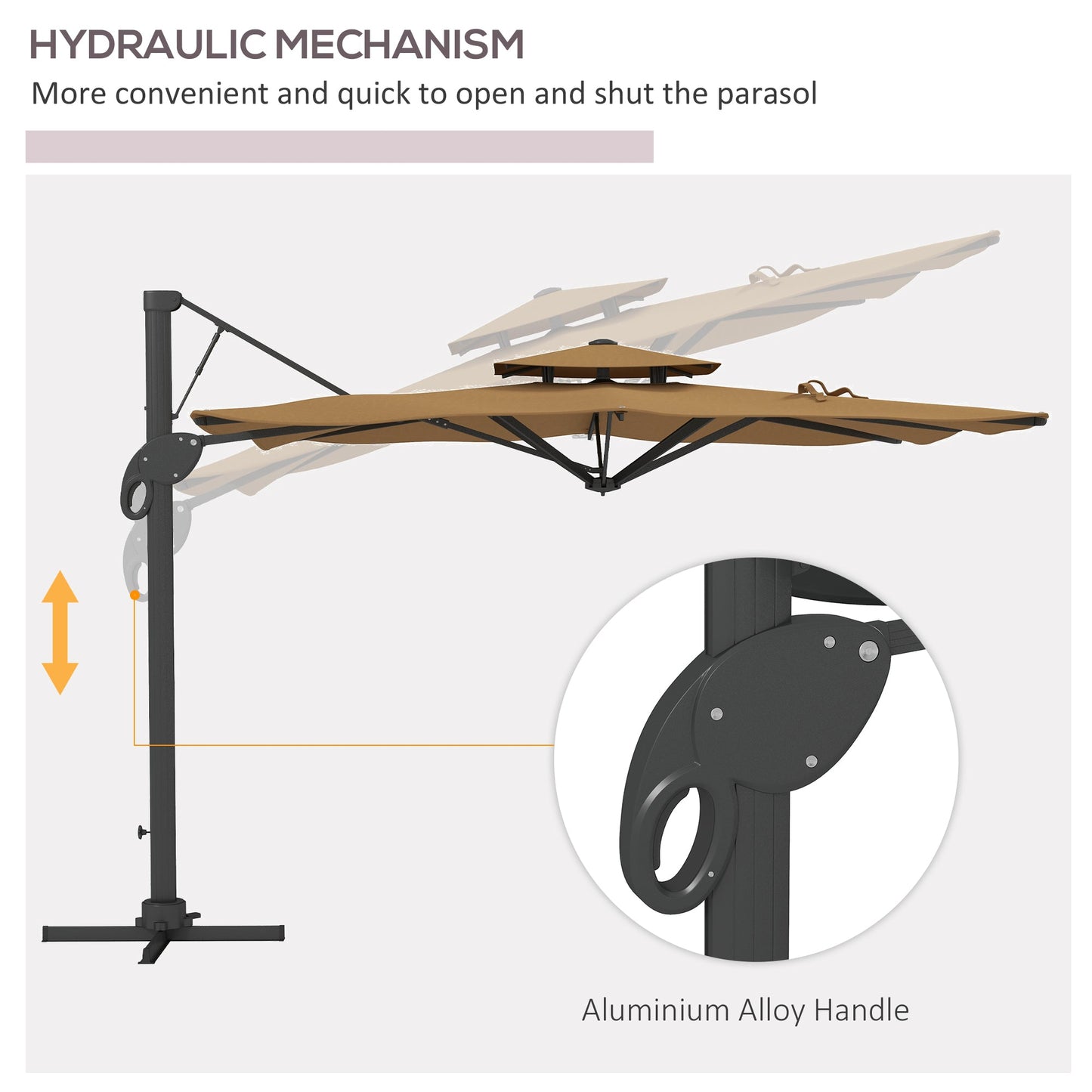 Garden Parasol, 3(m) Cantilever Parasol with Hydraulic Mechanism, Dual Vented Top, 8 Ribs, Cross Base, Khaki-4
