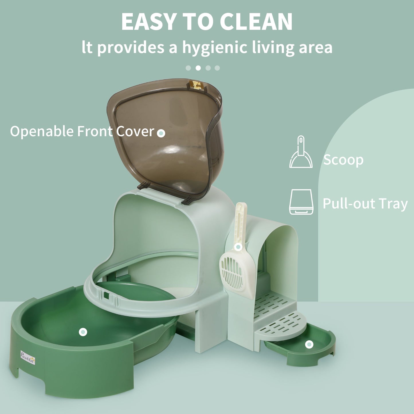 PP Cat Litter Box with Drawer Pans Scoop Openable Cover Green-4