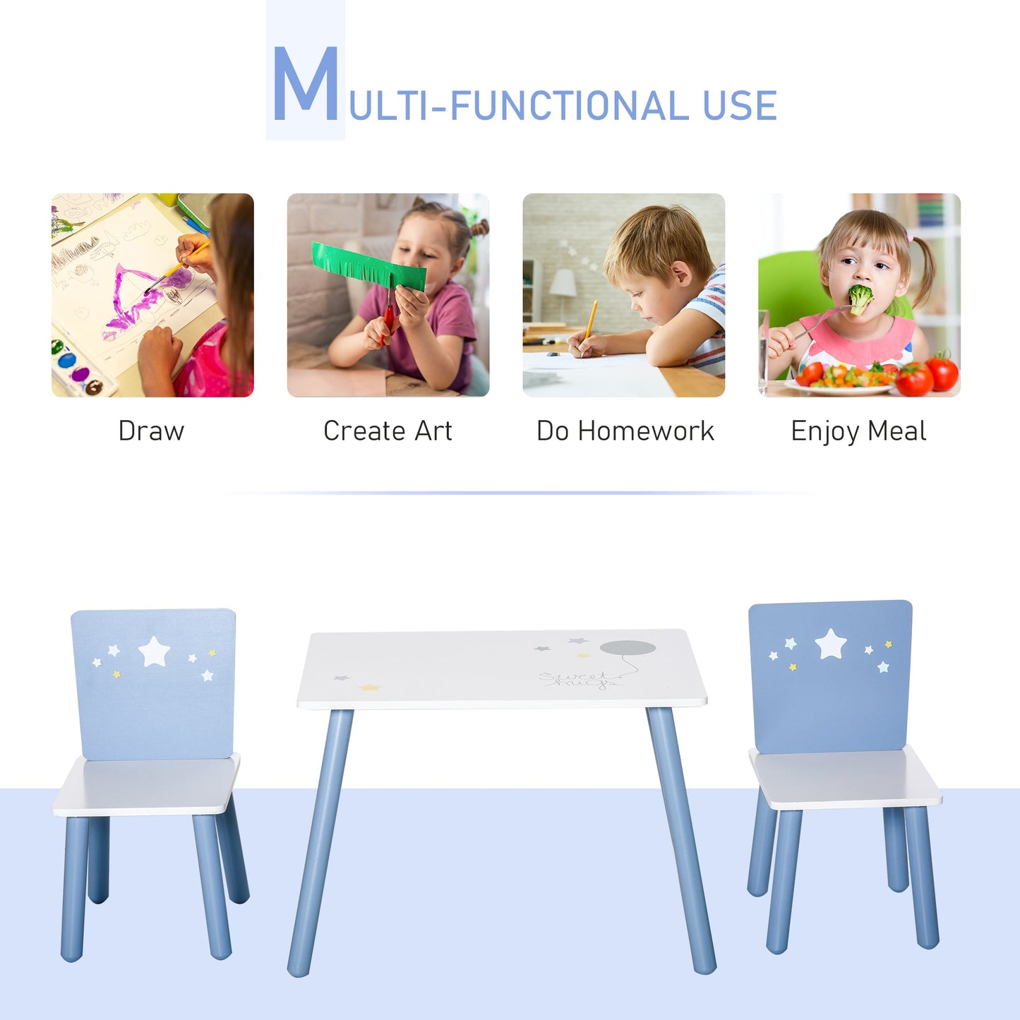Kids Table and Chairs Set 3 Pieces 1 Table 2 Chairs Toddler Wooden Multi-usage Easy Assembly Star Image Ornament Blue and White-3