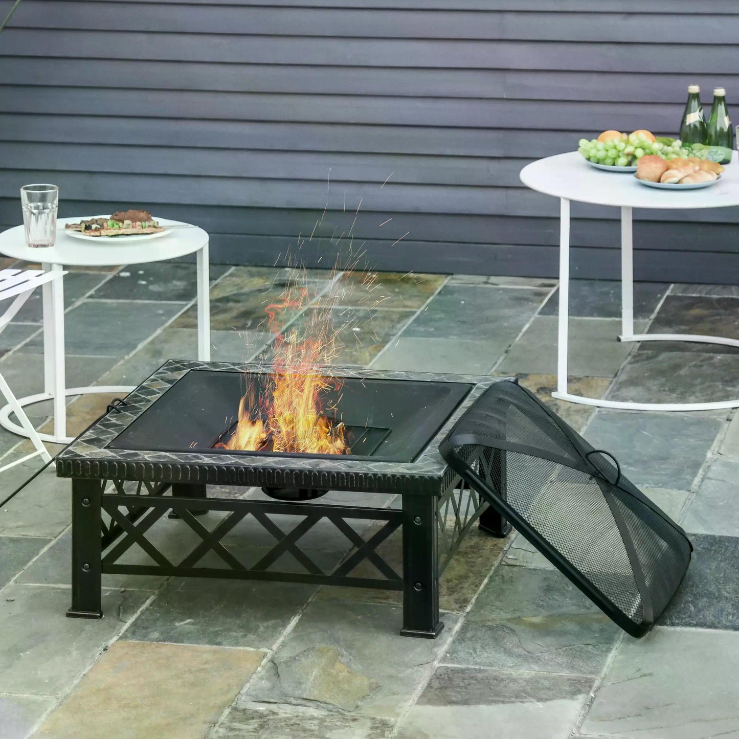 3 in 1 Square Fire Pit Square Table Metal Brazier for Garden, Patio with BBQ Grill Shelf, Spark Screen Cover, Grate, Poker, 76 x 76 x 47cm-1