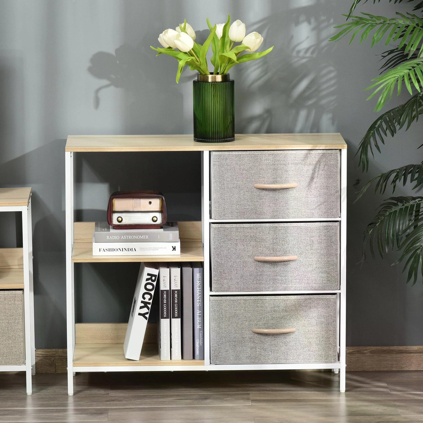 Chest of Drawers Storage Dresser Cabinet Organizer with 3 Fabric Drawers and 2 Display Shelves for Living Room, Bedroom, Hallway, Beige-1