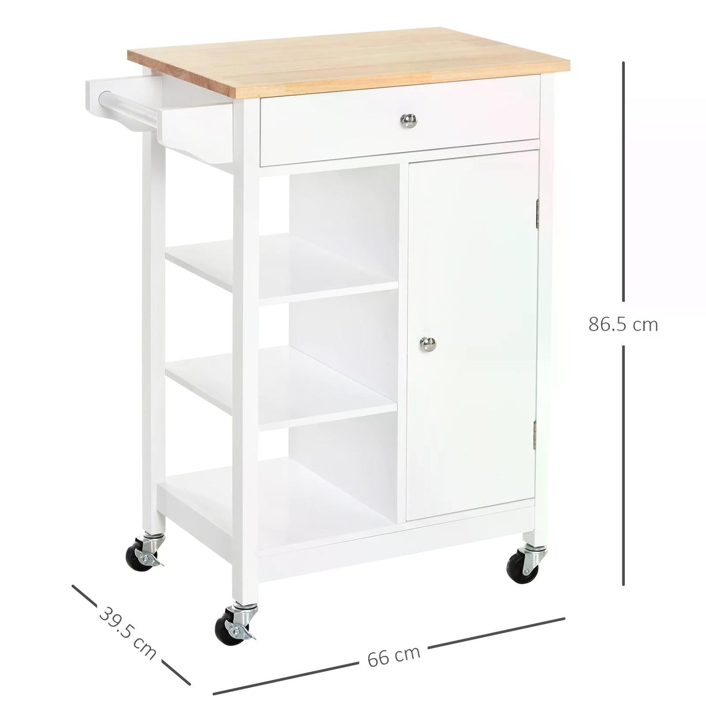 Kitchen Storage Trolley Unit w/ Wood Top 3 Shelves Cupboard Drawer Rail 4 Wheels Handles Moving Shelf Handy Spacesaver White-2