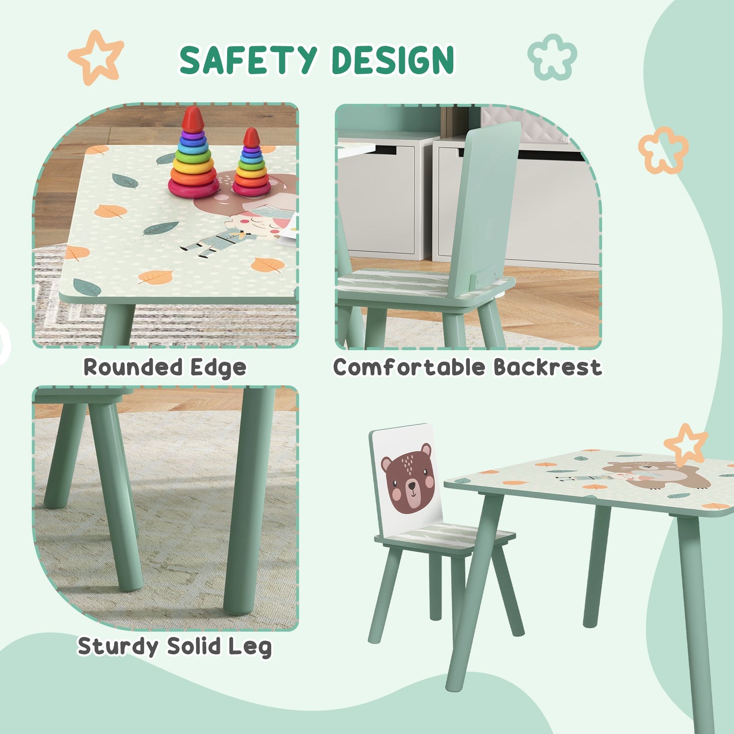 Kids Table and Chairs, Children Desk with 2 Chairs, 3 Pieces Toddler Activity Furniture Set for Bedroom, Nursery, Playroom, Green-4