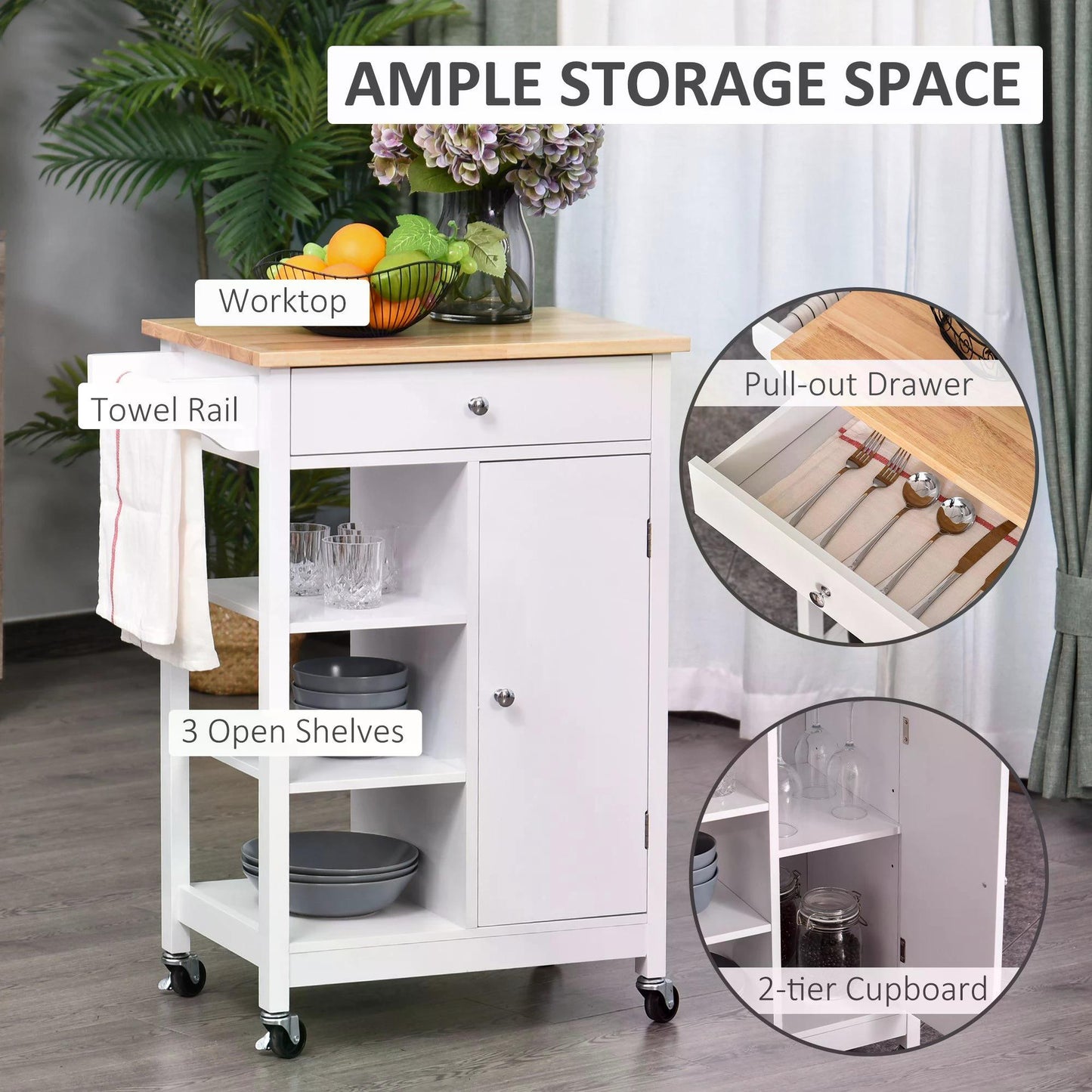 Kitchen Storage Trolley Unit w/ Wood Top 3 Shelves Cupboard Drawer Rail 4 Wheels Handles Moving Shelf Handy Spacesaver White-3