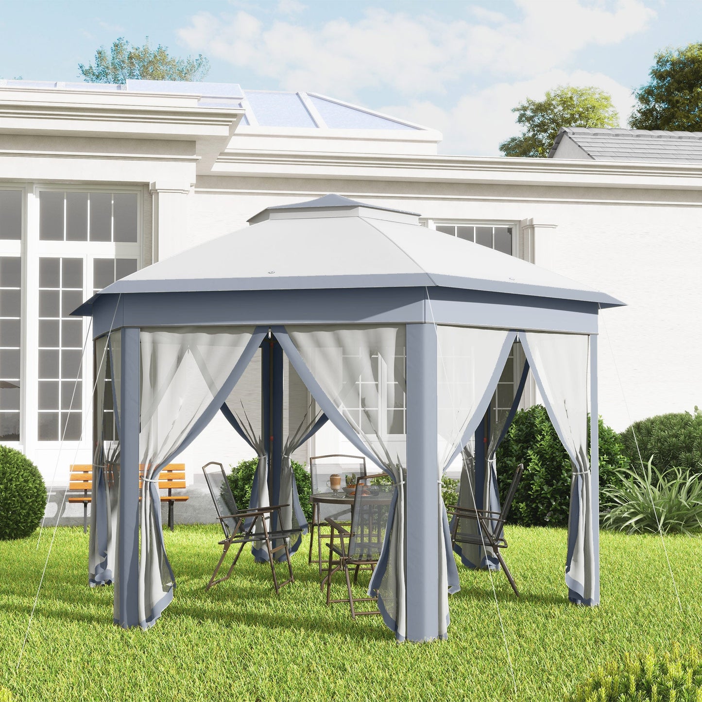 3 x 4m Metal Frame Hexagon Gazebo, with Curtains - Grey-1