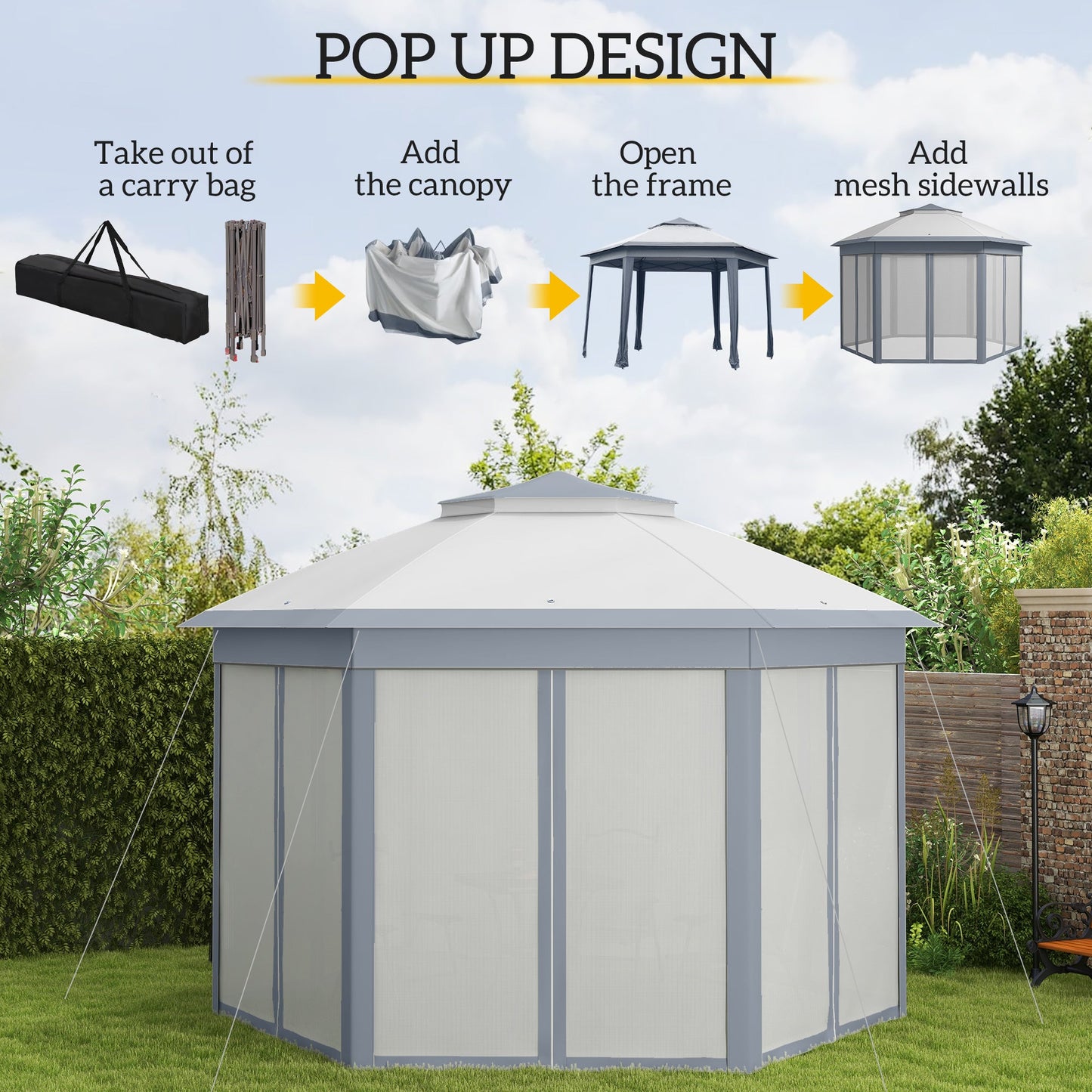 3 x 4m Metal Frame Hexagon Gazebo, with Curtains - Grey-3