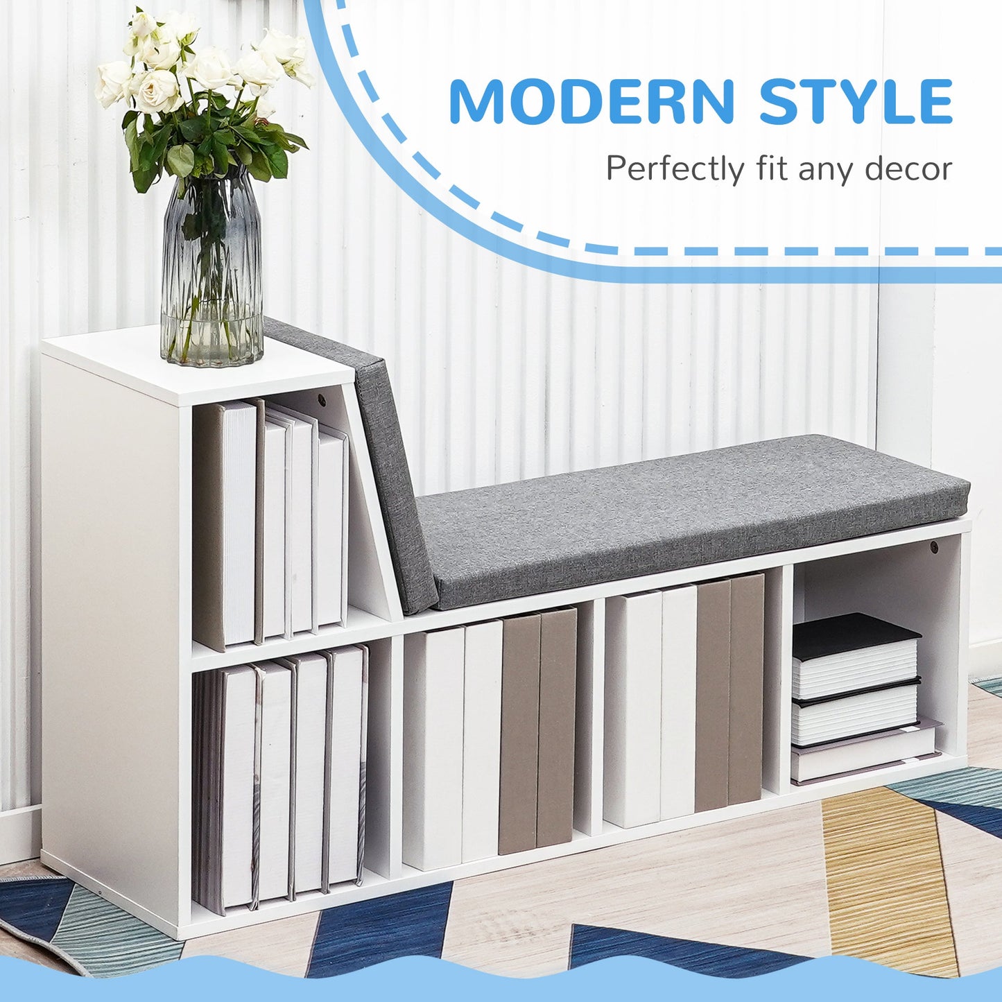 Bookcase Storage Shelf with Cushioned Reading Seat, Bookshelf Storage Cabinet for Study Living Room, White-3