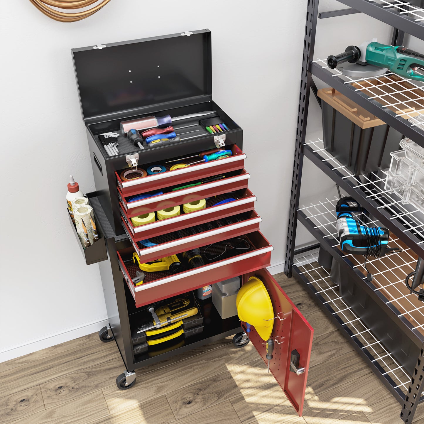 Rolling Tool Cabinet on Wheels w/ 5 Drawers & Lockable Cabinet, Portable Top Tool Chest & Roller Cabinet Combo for Workshop, Home | HOMCOM-6