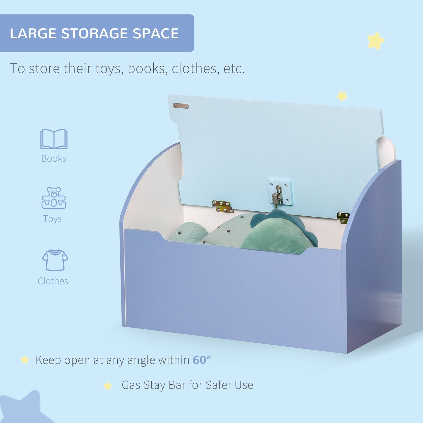 Kids Wooden Toy Storage Chest Chair 2 in 1 Design with Gas Stay Bar Safety Hinges Lid 60 x 30 x 50cm Blue-3