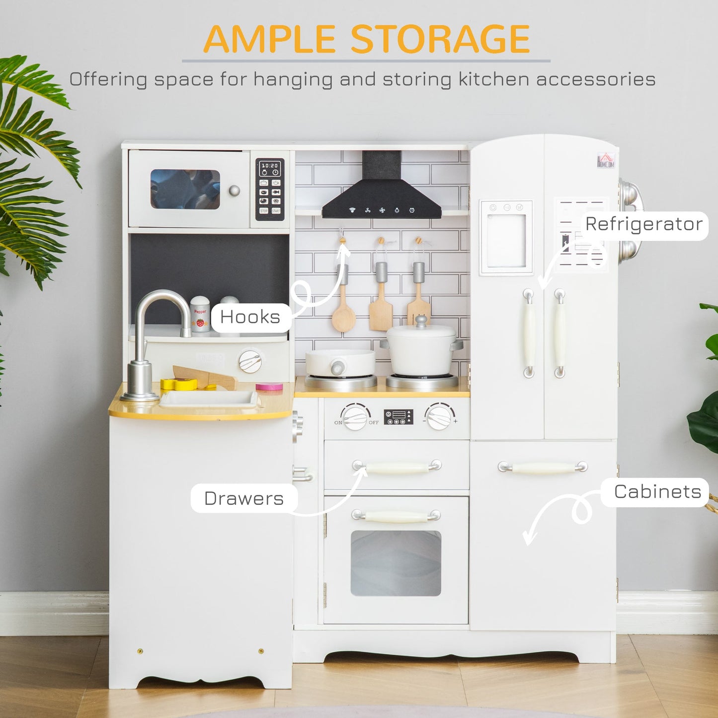 Kids Wooden Kitchen, Large Pretend Role Play Kitchen w/ Realistic Refrigerator, Microwave, Oven, Range Hood, Sink, Telephone-4