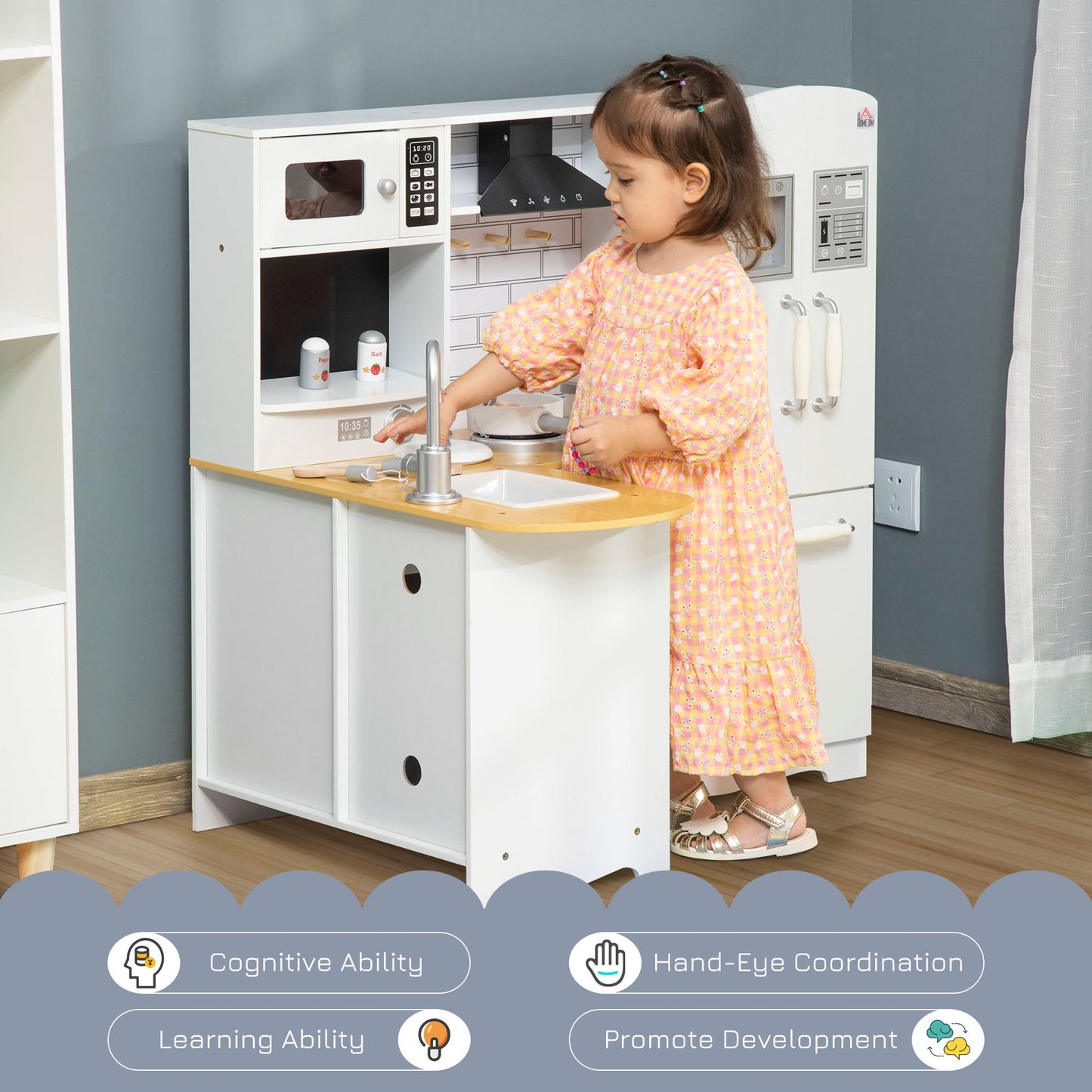 Kids Wooden Kitchen, Large Pretend Role Play Kitchen w/ Realistic Refrigerator, Microwave, Oven, Range Hood, Sink, Telephone-3