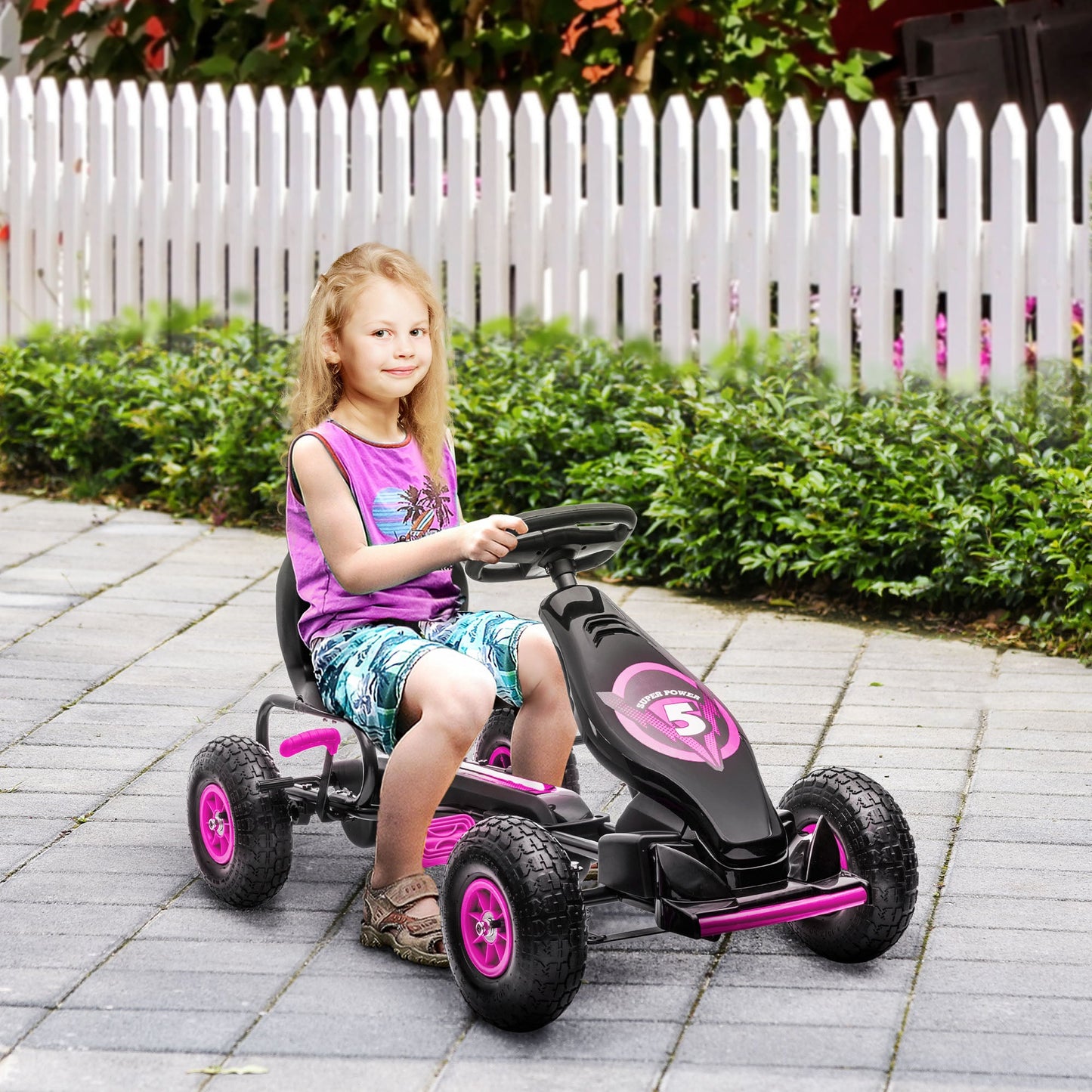 Children Pedal Go Kart, Racing Go Cart with Adjustable Seat, Inflatable Tyres, Shock Absorb, Handbrake, for Boys and Girls Ages 5-12, Pink-1