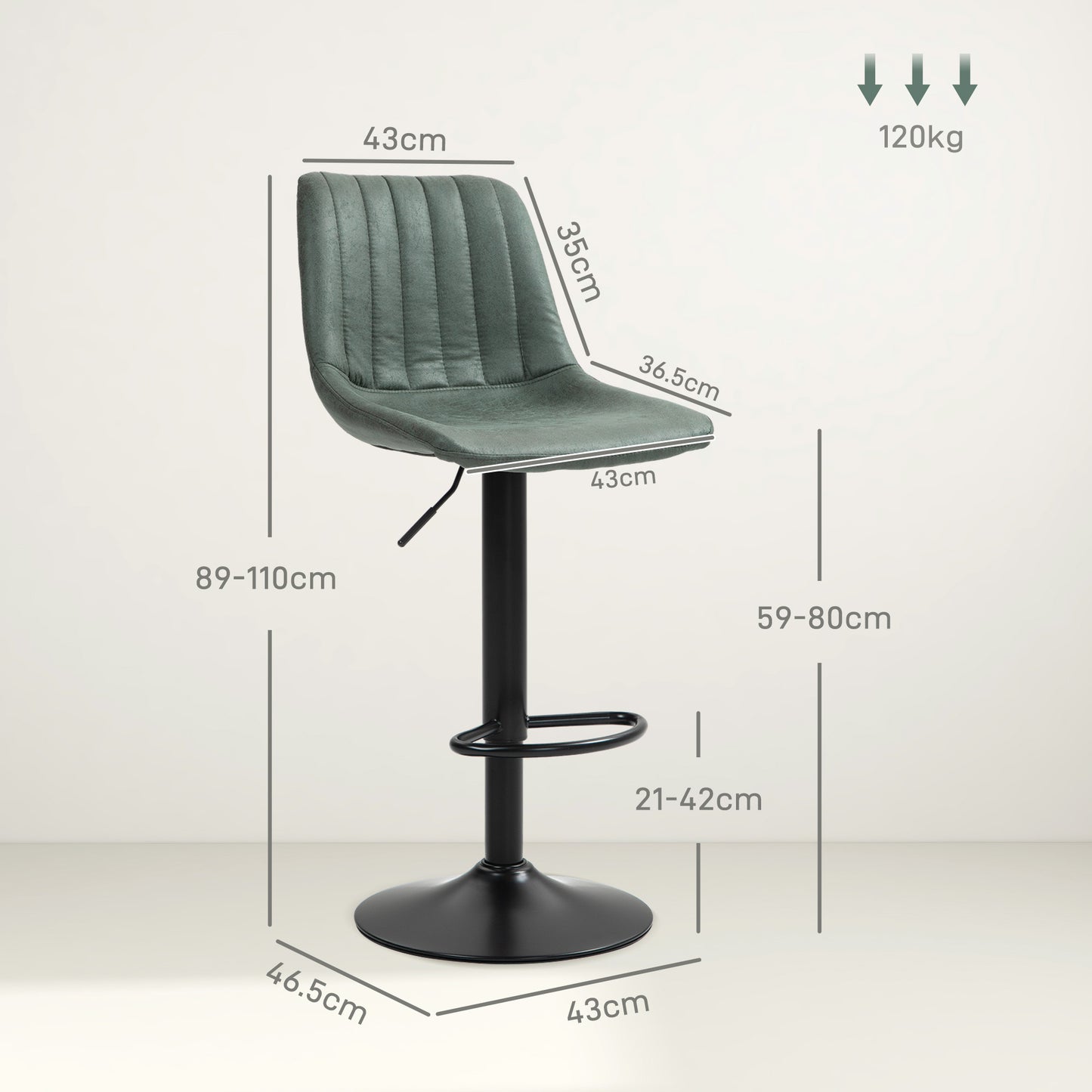 Adjustable Bar Stools Set of 2 Counter Height Barstools Dining Chairs 360° Swivel with Footrest for Home Pub, Green by HOMCOM-1