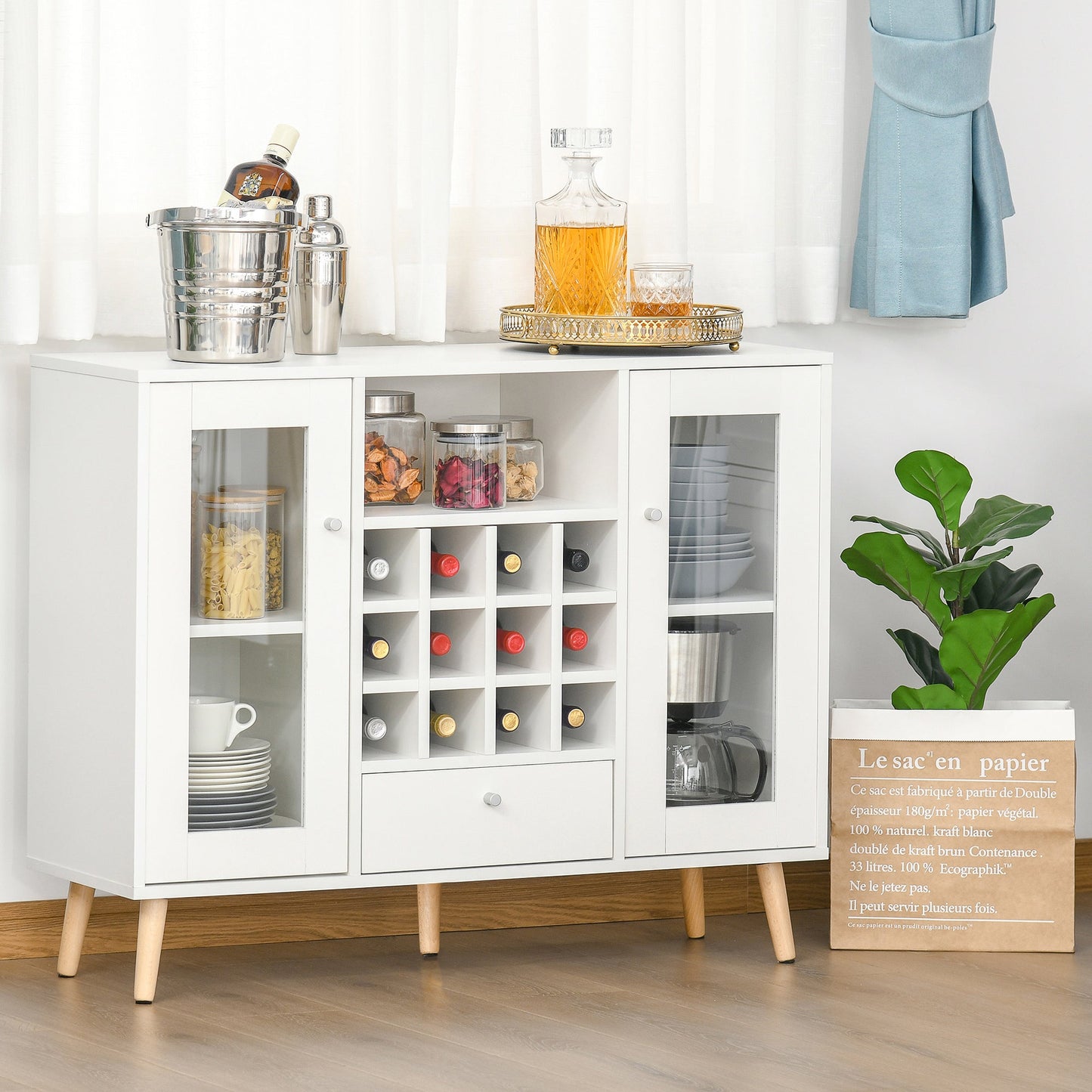 Modern Sideboard Storage Cabinet Kitchen Cupboard Dining Bar Server with Glass Doors, Drawer & 12-Bottle Wine Rack for Living Room, White-1