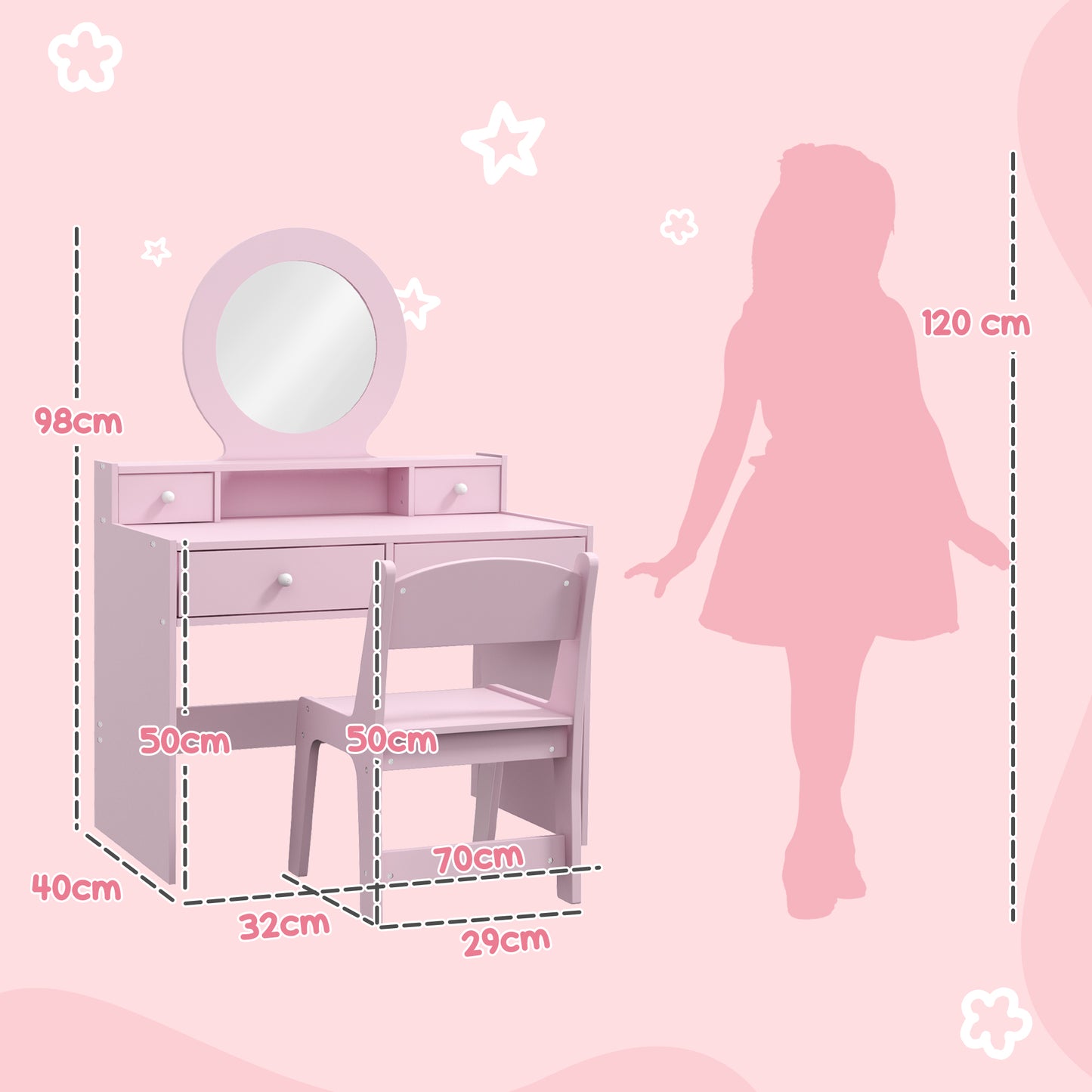 AIYAPLAY Kids Dressing Table Set Kids Make up Table with Stool and Mirror, Storage Drawers, Gift for Aged 3-8-1