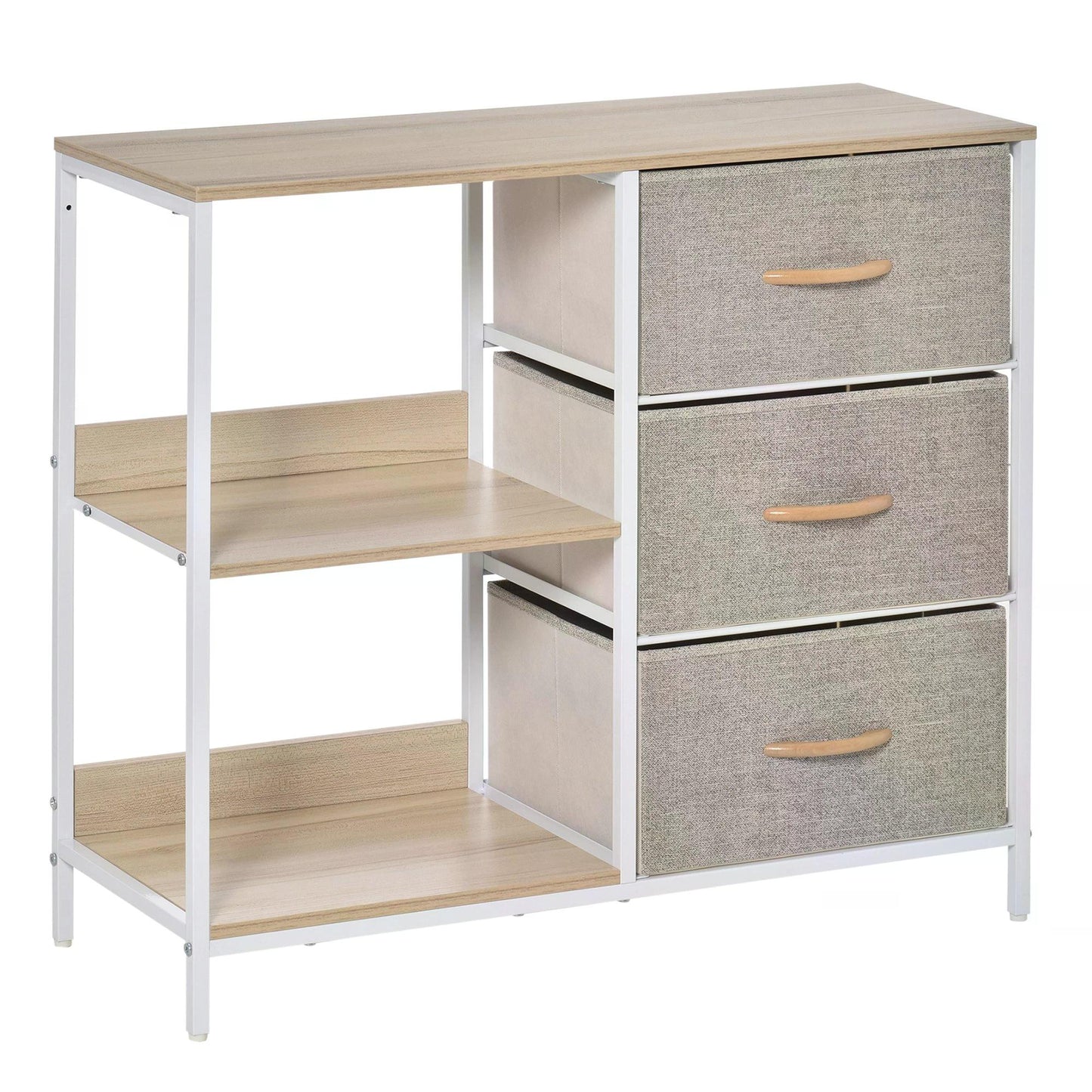 Chest of Drawers Storage Dresser Cabinet Organizer with 3 Fabric Drawers and 2 Display Shelves for Living Room, Bedroom, Hallway, Beige-0