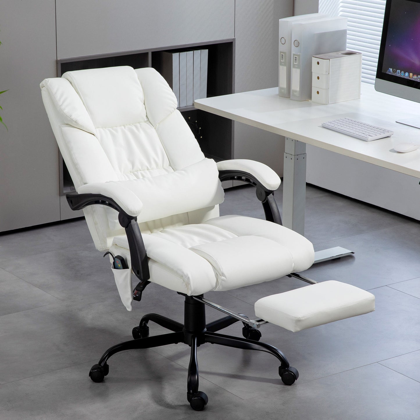6-Point Massage Office Chair, PU Leather Desk Chair with Adjustable Height and Footrest for Home Office, White-1