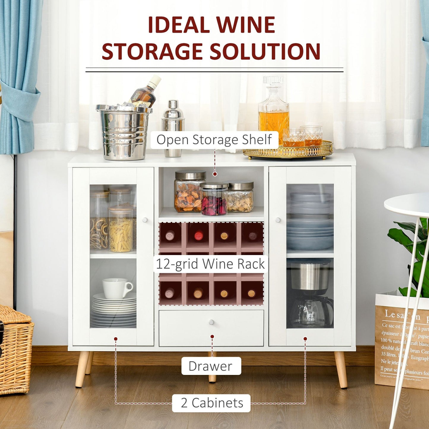 Modern Sideboard Storage Cabinet Kitchen Cupboard Dining Bar Server with Glass Doors, Drawer & 12-Bottle Wine Rack for Living Room, White-4