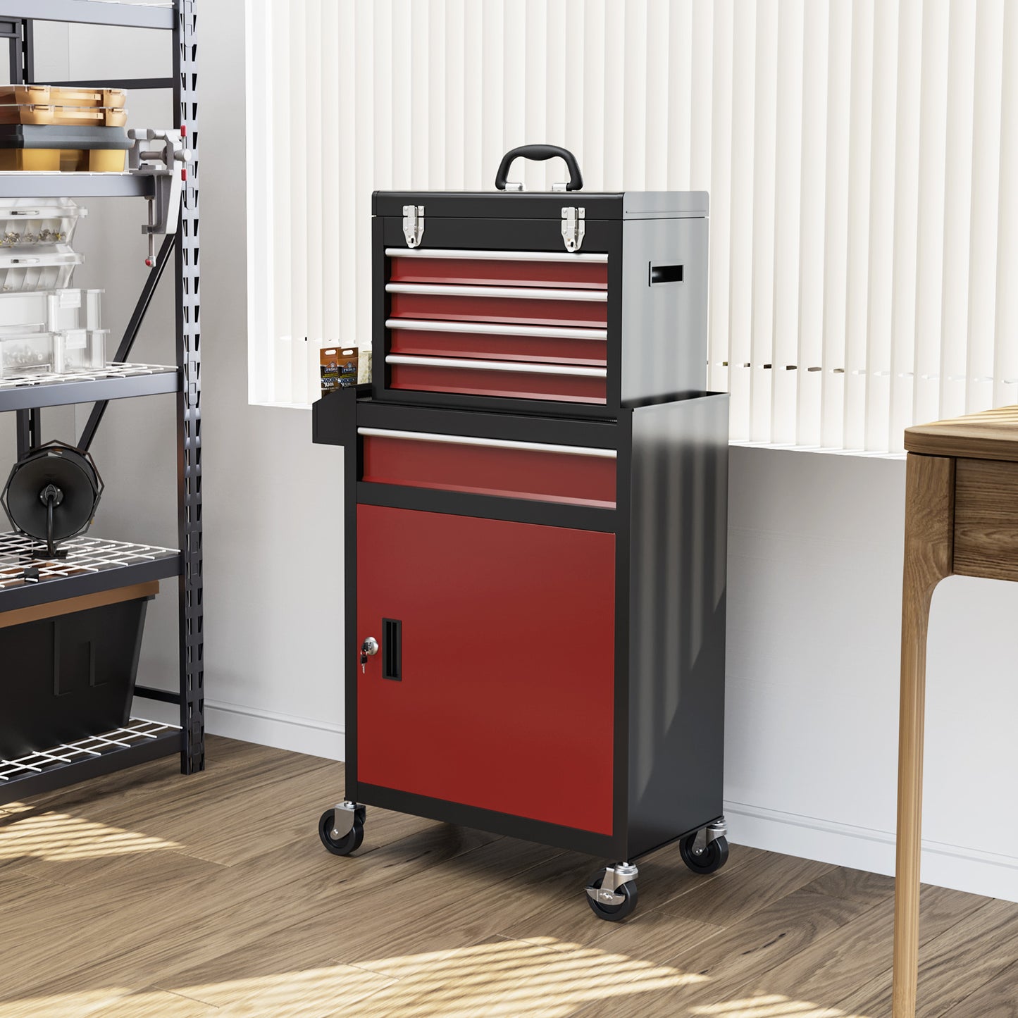 Rolling Tool Cabinet on Wheels w/ 5 Drawers & Lockable Cabinet, Portable Top Tool Chest & Roller Cabinet Combo for Workshop, Home | HOMCOM-8