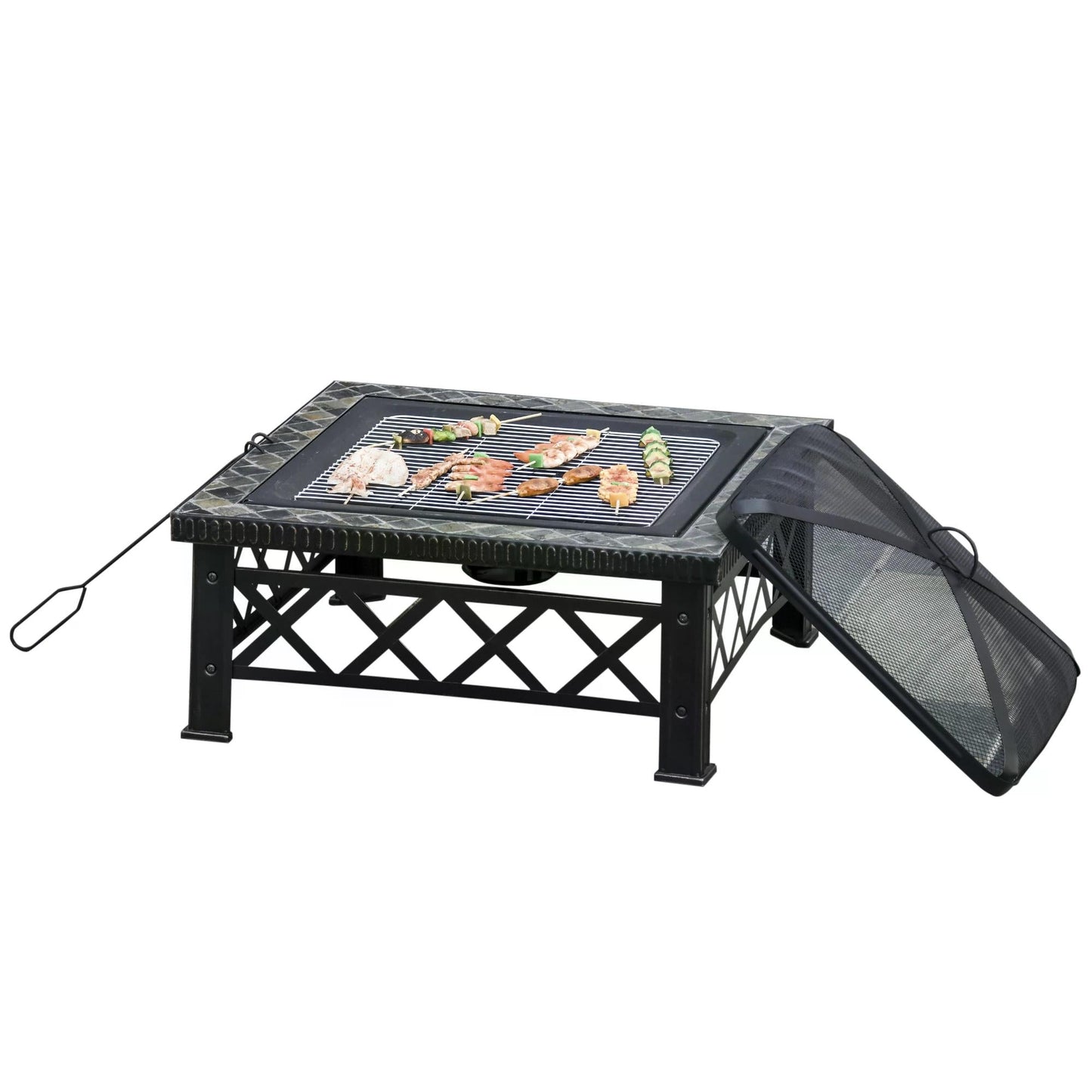 3 in 1 Square Fire Pit Square Table Metal Brazier for Garden, Patio with BBQ Grill Shelf, Spark Screen Cover, Grate, Poker, 76 x 76 x 47cm-0