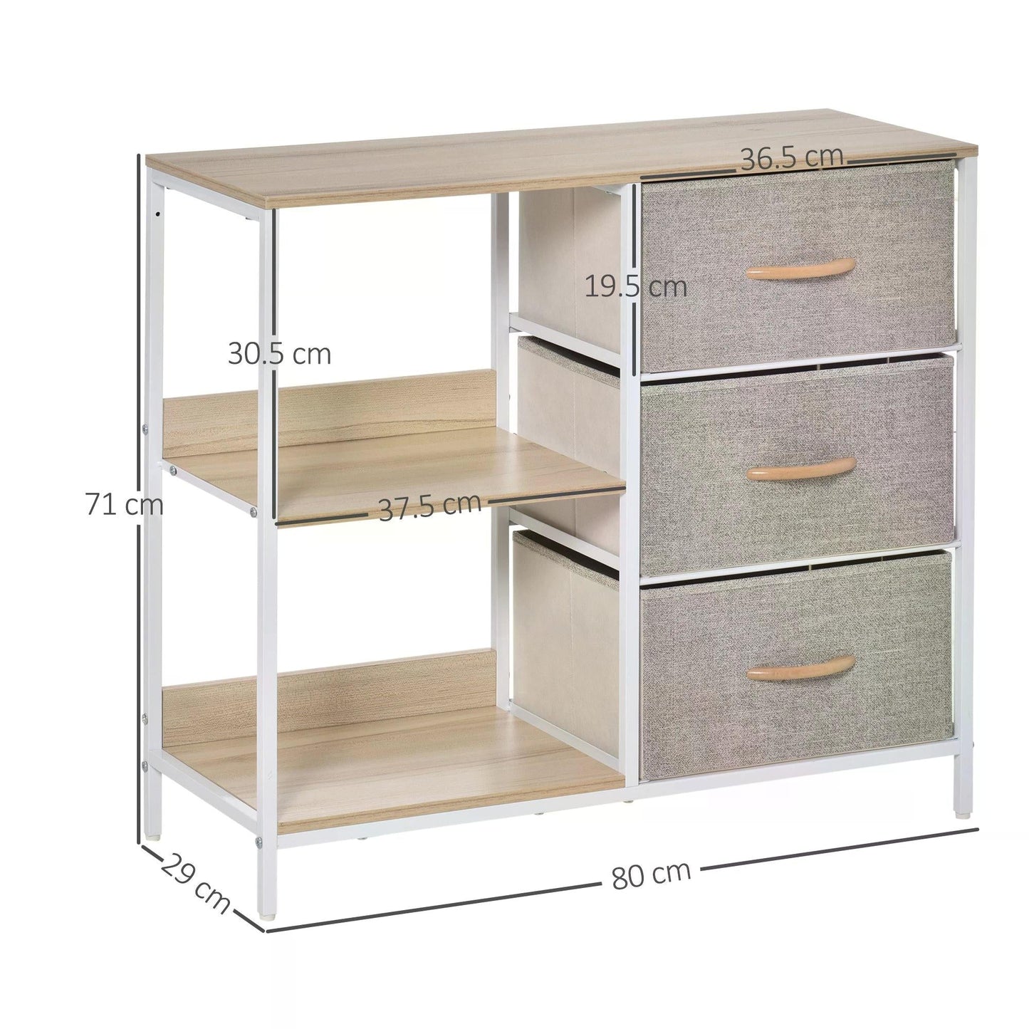 Chest of Drawers Storage Dresser Cabinet Organizer with 3 Fabric Drawers and 2 Display Shelves for Living Room, Bedroom, Hallway, Beige-2