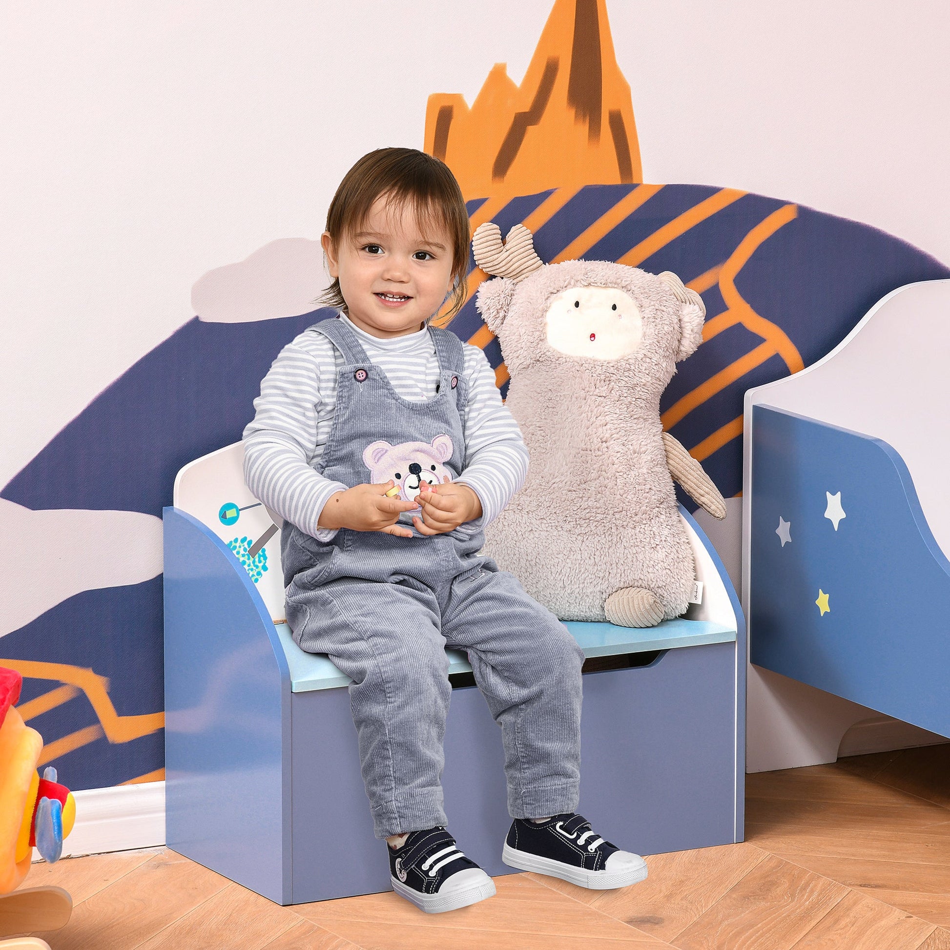 Kids Wooden Toy Storage Chest Chair 2 in 1 Design with Gas Stay Bar Safety Hinges Lid 60 x 30 x 50cm Blue-1