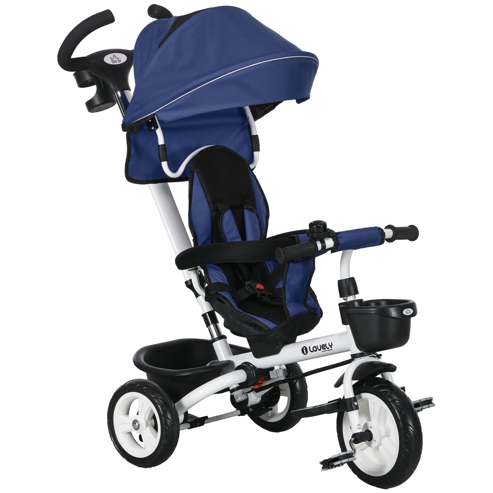 Metal Frame 6 in 1 Baby Push Tricycle with Parent Handle for 1-5 Years Old, Dark Blue-0
