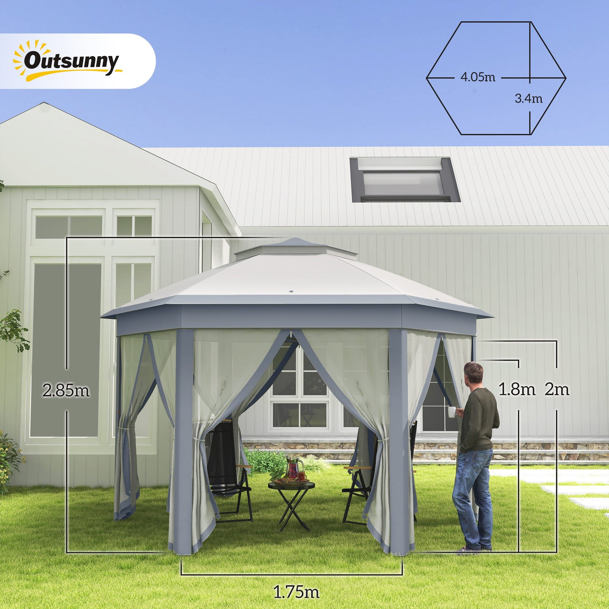 3 x 4m Metal Frame Hexagon Gazebo, with Curtains - Grey-2
