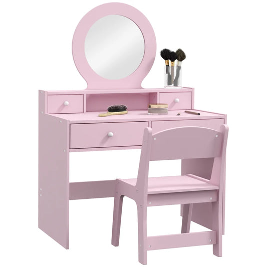 AIYAPLAY Kids Dressing Table Set Kids Make up Table with Stool and Mirror, Storage Drawers, Gift for Aged 3-8-0
