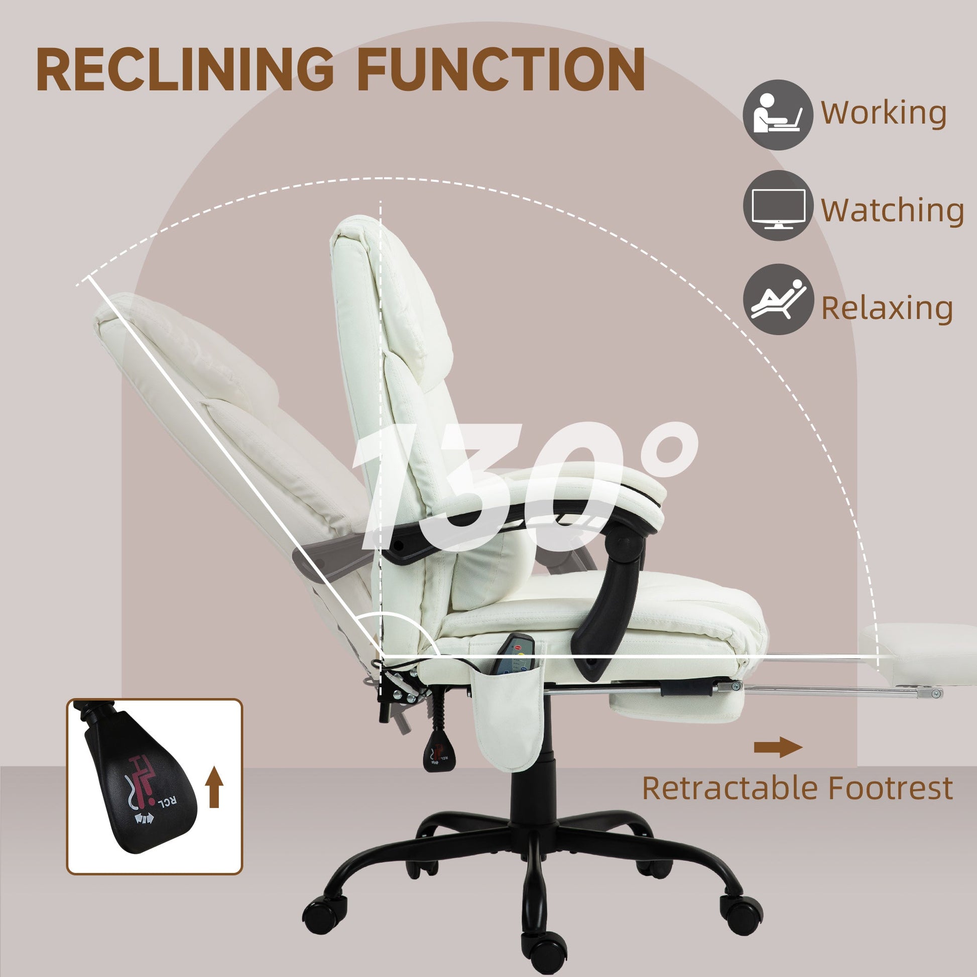 6-Point Massage Office Chair, PU Leather Desk Chair with Adjustable Height and Footrest for Home Office, White-4