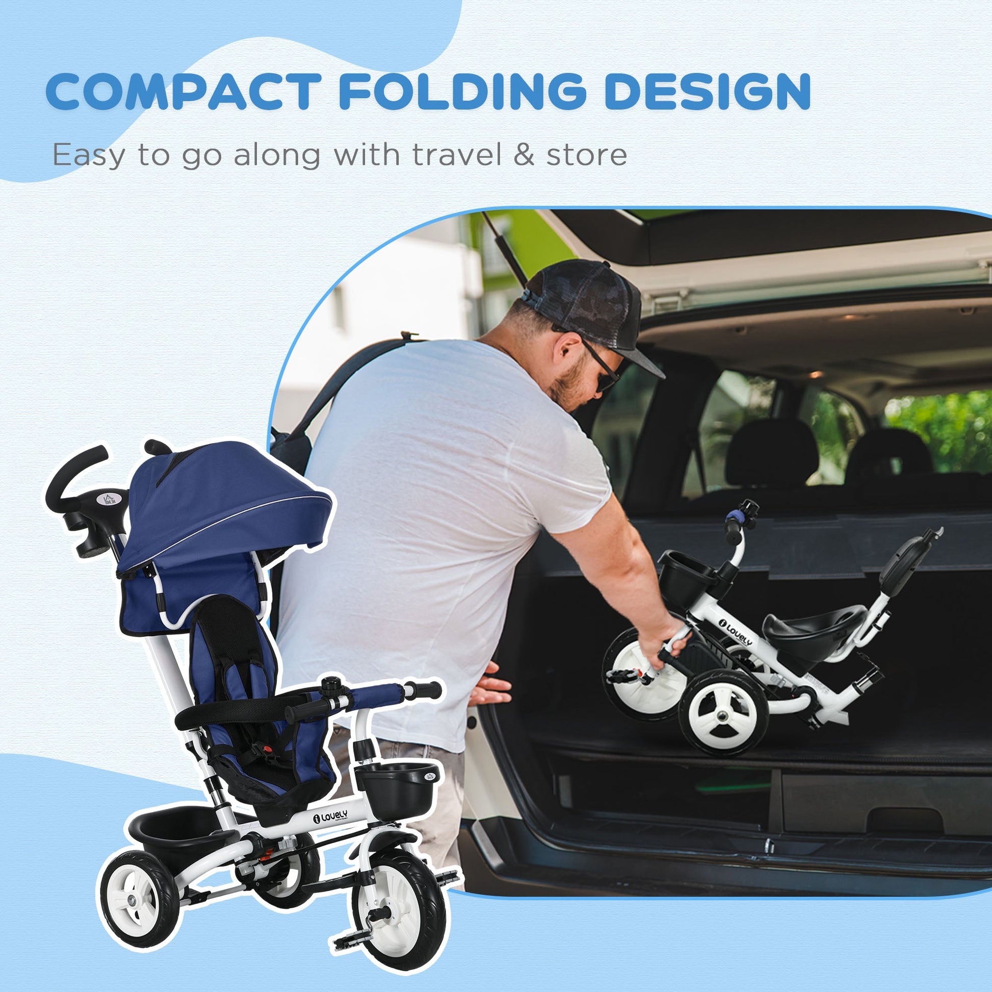 Metal Frame 6 in 1 Baby Push Tricycle with Parent Handle for 1-5 Years Old, Dark Blue-4