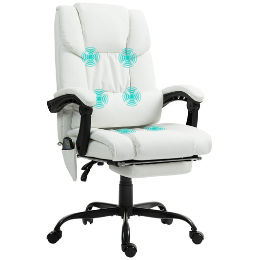 6-Point Massage Office Chair, PU Leather Desk Chair with Adjustable Height and Footrest for Home Office, White-0