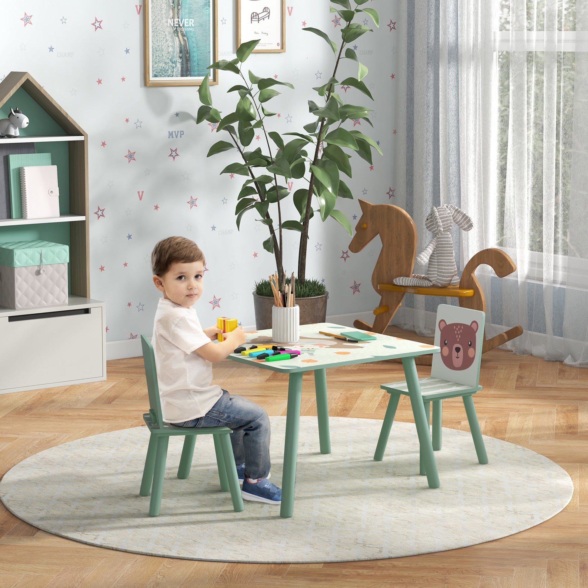Kids Table and Chairs, Children Desk with 2 Chairs, 3 Pieces Toddler Activity Furniture Set for Bedroom, Nursery, Playroom, Green-1