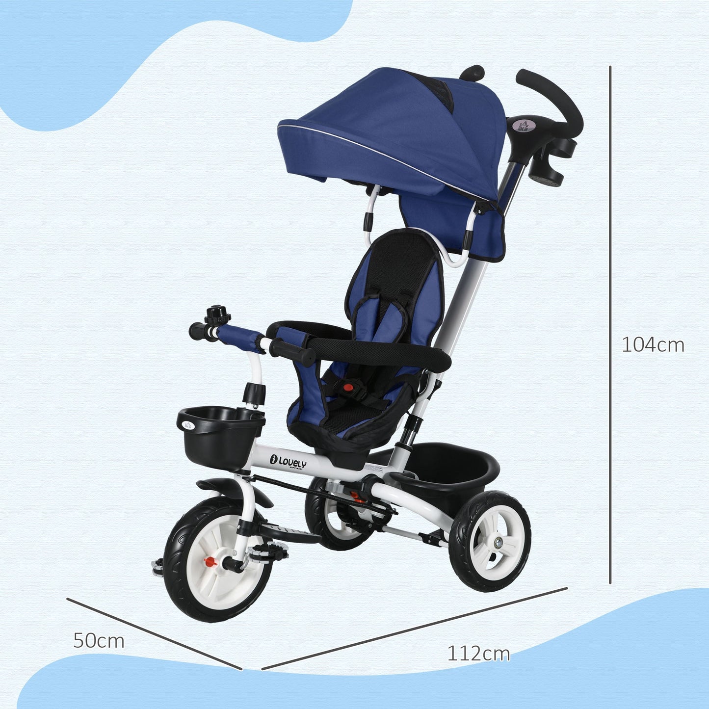 Metal Frame 6 in 1 Baby Push Tricycle with Parent Handle for 1-5 Years Old, Dark Blue-2