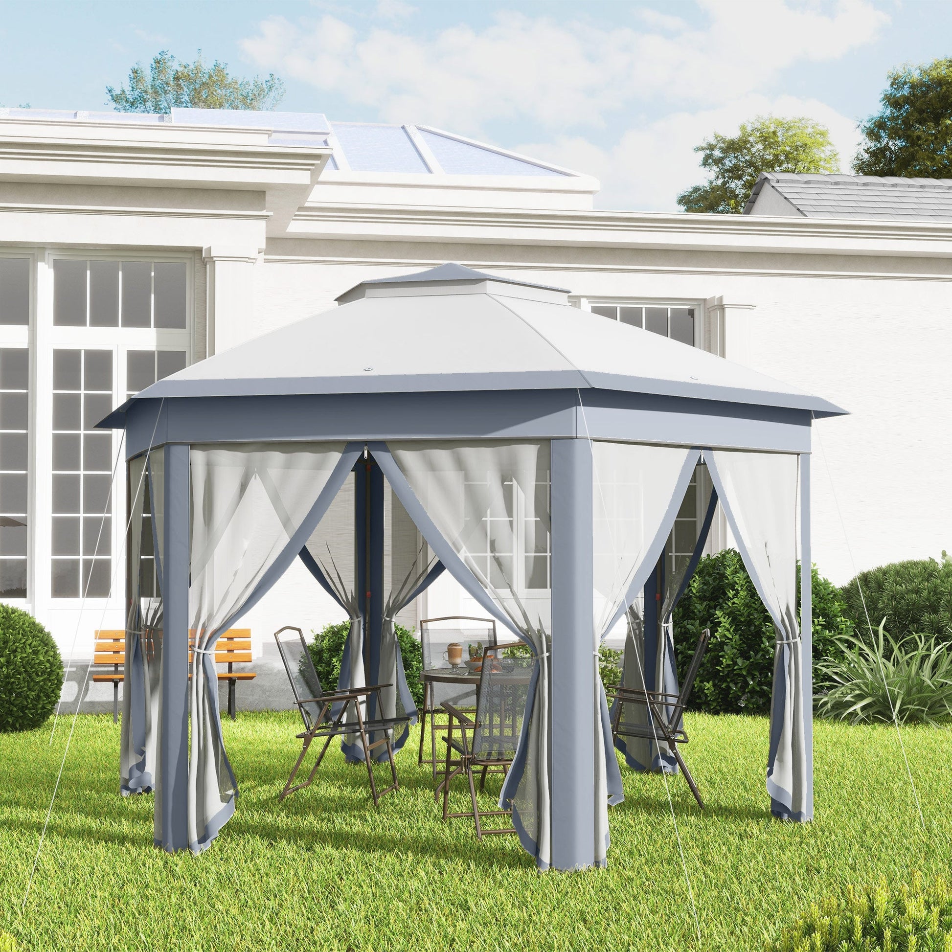 3 x 4m Metal Frame Hexagon Gazebo, with Curtains - Grey-1