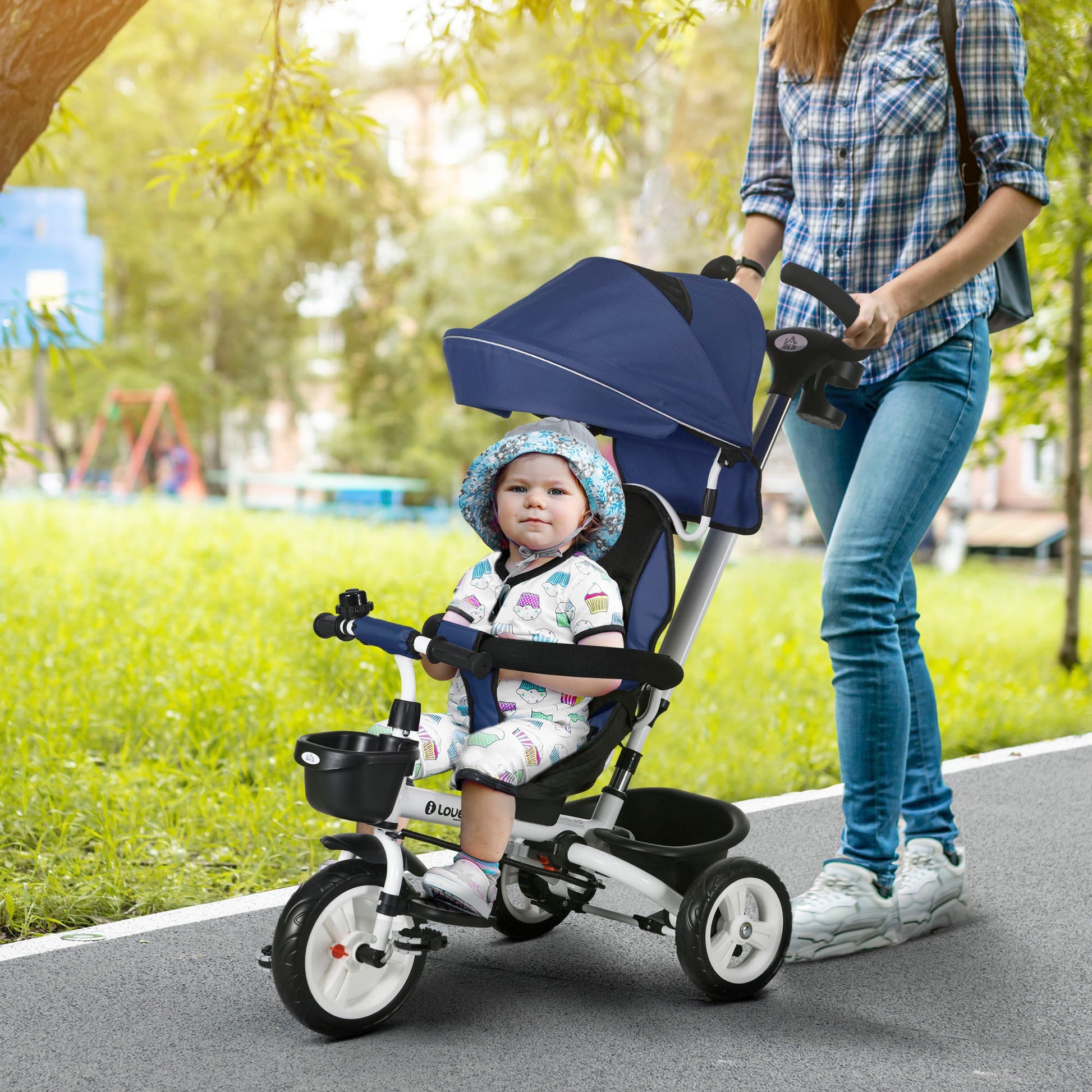 Metal Frame 6 in 1 Baby Push Tricycle with Parent Handle for 1-5 Years Old, Dark Blue-1