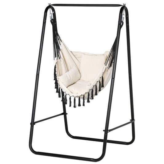 Hammock Chair with Stand, Hammock Swing Chair with Cushion, Cream White-0