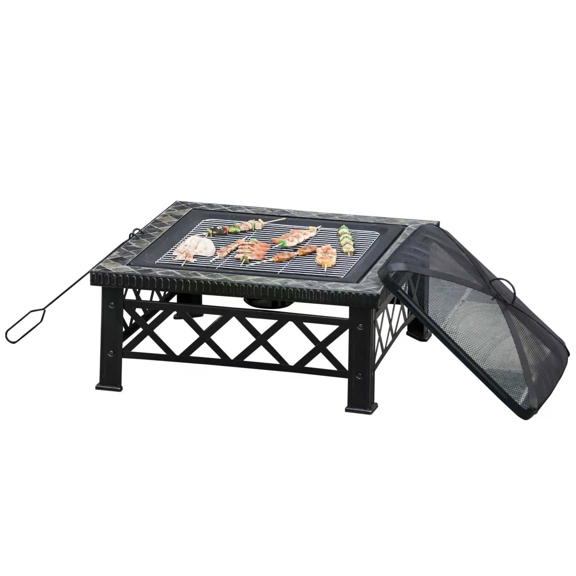 3 in 1 Square Fire Pit Square Table Metal Brazier for Garden, Patio with BBQ Grill Shelf, Spark Screen Cover, Grate, Poker, 76 x 76 x 47cm-0